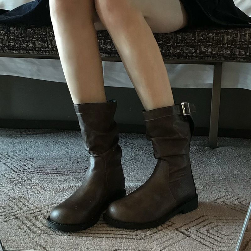 Neu Neue Koreanische Stil Kurze Frauen Frühling Und Herbst Einzel Für Plus Größe Braun Runde Kappe Faltig Mid-Kalb Martin Stiefel_voghion.com