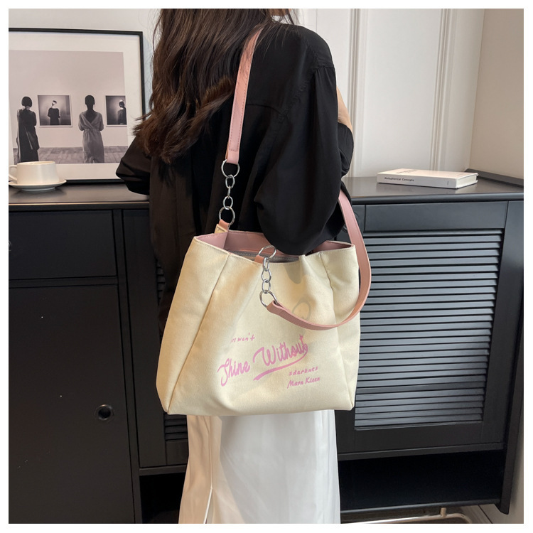 03 New Canvas Girls' Chain Advanced Sense Trend Portable Tote Bag Commuting Simple and Large Capacity_voghion.com