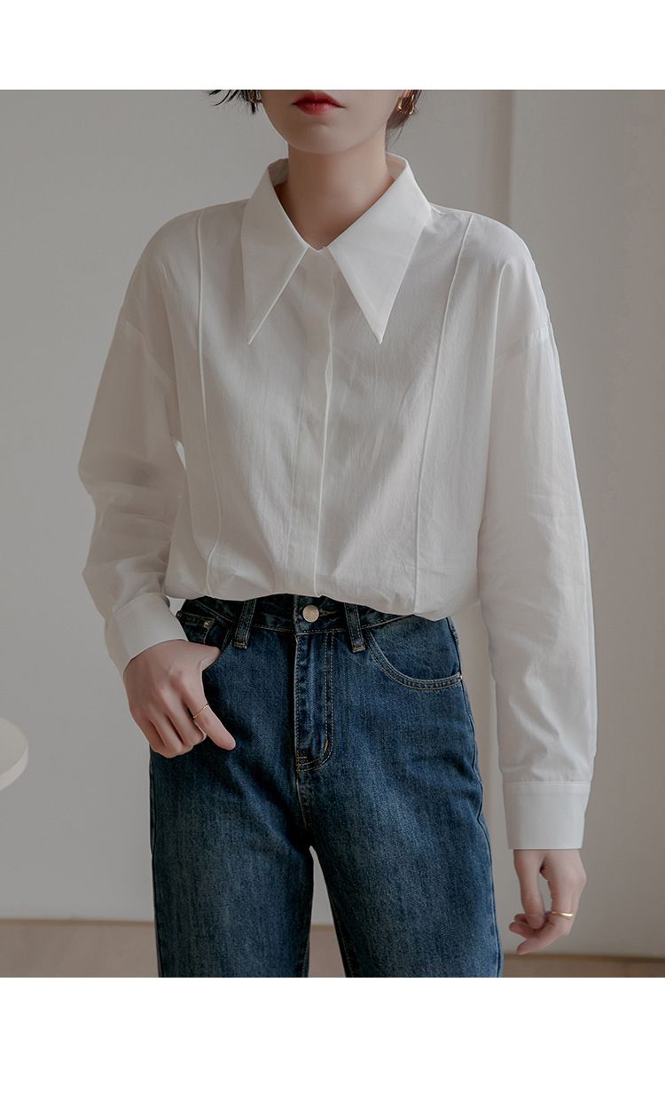 2025 Nvyis2025 Primavera Colletto a punta Un top in stile francese di nicchia, camicia casual ampia per donne con maniche lunghe_voghion.com