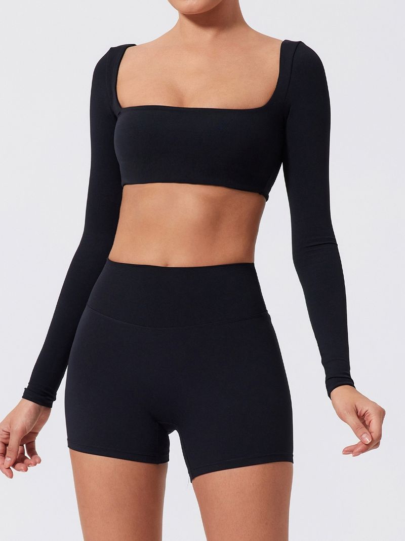 Abbigliamento da yoga aderente da donna, effetto nude, manica lunga, con protezioni per il petto, vita, asciugatura rapida, sportivo, elastico, tre quarti, color pesca_voghion.com