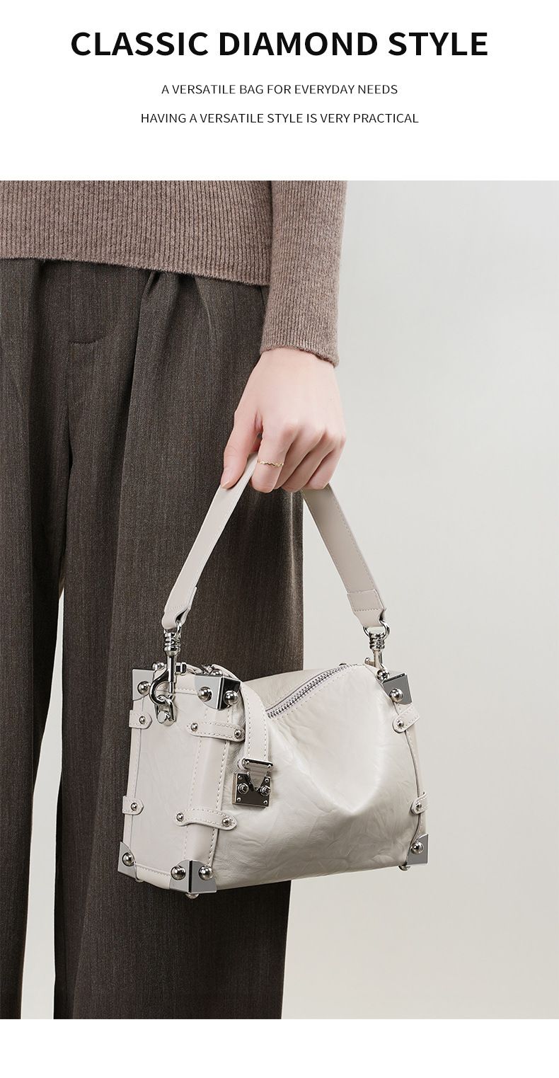 Borsa a tracolla da donna in vera pelle con rivetti, popolare borsa a tracolla morbida quadrata con primo strato in stile pigro_voghion.com