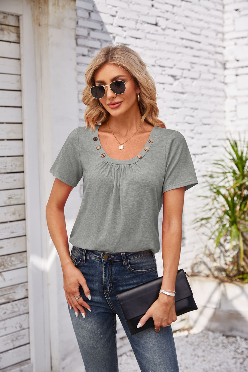 Women's fashion new button square collar pleated solid color loose T-shirt_voghion.com