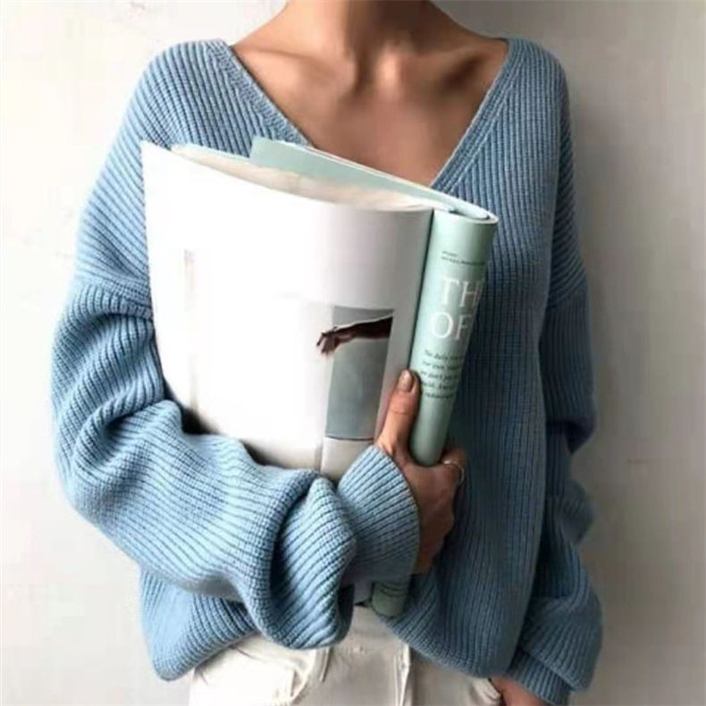 Damenbekleidung 2024 Herbst und Winter V-Ausschnitt Langarm lockerer Lazy-Style Pullover mit einfachem Saum Strickpullover Pullover mit Bodenbildung Damentrend_voghion.com