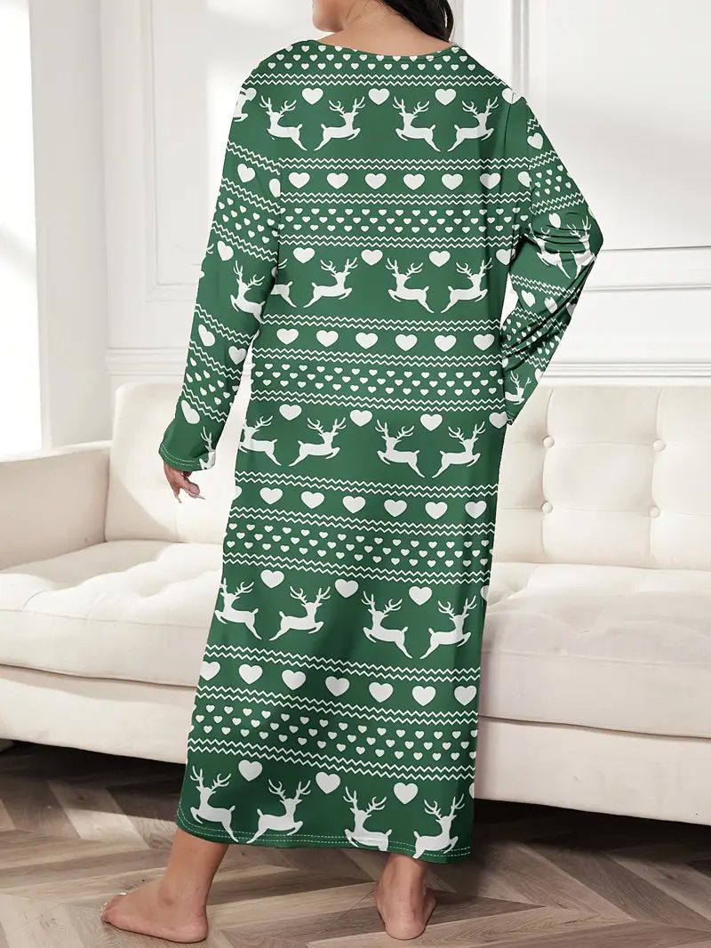 Damenbekleidung Langärmliges Nachthemdkleid mit Schmetterlings- und Herz-Leopardenmuster, überschnittener Schulter, großer Größe_voghion.com