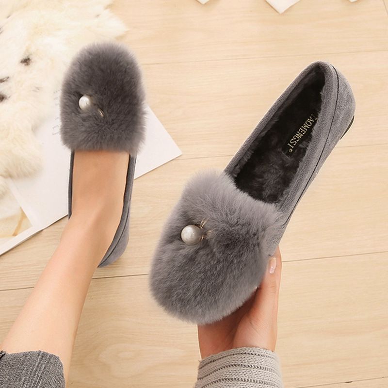 T26 Huidong Yixin Da Rabbit Fur Loafer For Women, Round Toe, Fleece-Lined, Warm, Maternity Shoe, Soft Sole, Furry_voghion.com