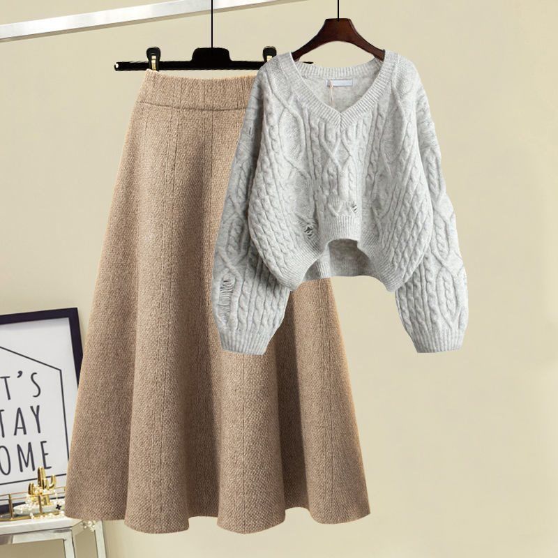 Women's Clothing Large Size Autumn And Winter Suits For Women 2024 New Lazy Loose Western Style Knitted Sweater Women's Slim Skirt Two Piece Suit_voghion.com