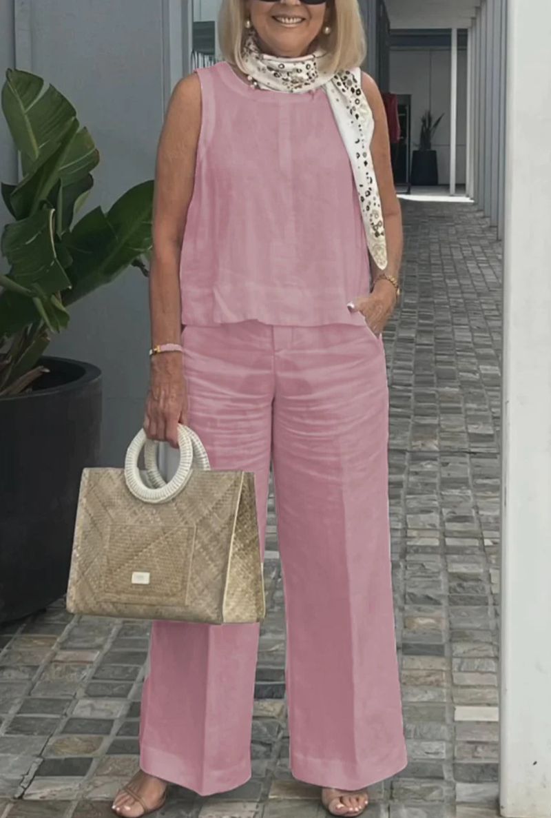 Abbigliamento da donna, completo in cotone e lino, top senza maniche, pantaloni a gamba larga, completo due pezzi_voghion.com