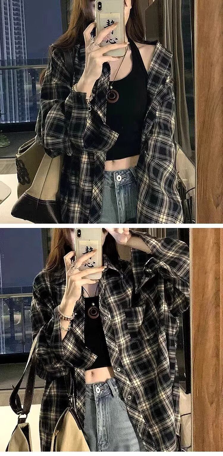 Camicia a quadri americana da donna, cappotto primaverile, cardigan, modello ampio, capospalla, top a maniche lunghe_voghion.com