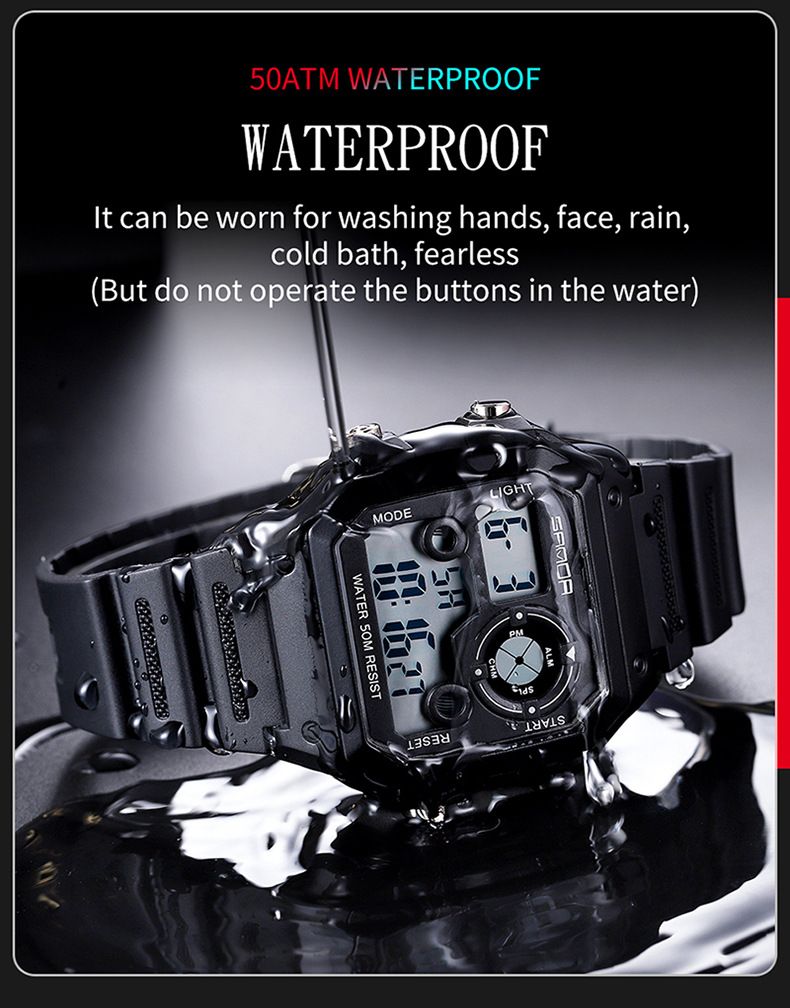 Digital Sports Watch With LED Backlight, Waterproof, Alarm, And Military-Grade Durability - Lightweight Resin Strap, Square Dial, 50M Water Resistance_voghion.com