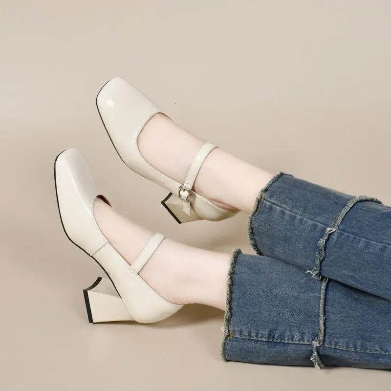 Square Toe High Heels For Women 2025 Spring New One-Strap Mary Jane Simple Elegant Patent Leather Shallow Mouth Single_voghion.com