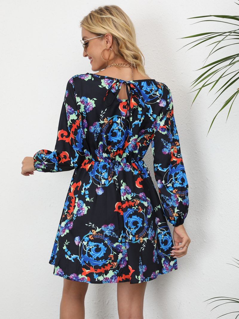 Autumn Women's Printed Waist Cinched Round Neck Long Sleeved Dress_voghion.com