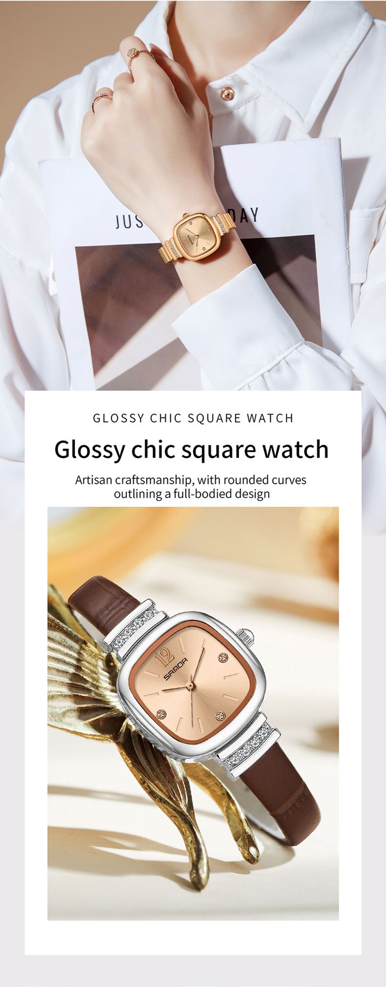 Orologio da donna al quarzo con diamanti, elegante e quadrato: sottile, resistente all'acqua e versatile, per abbigliamento casual e formale. Orologio alla moda, stile casual e versatile._voghion.com