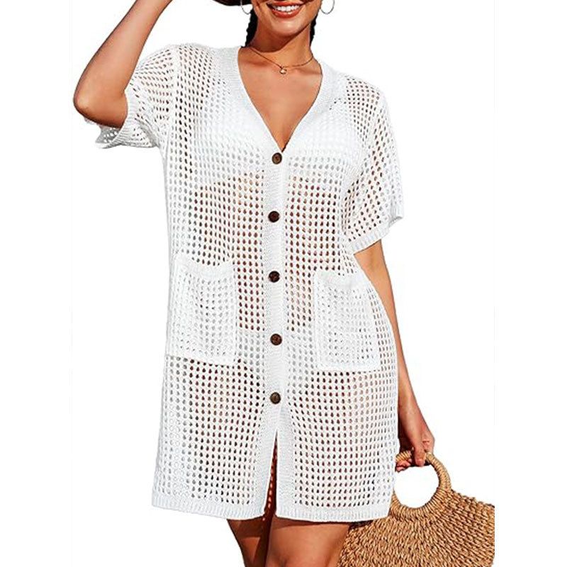 Strandüberzug aus Spitze und Strick mit kurzen Ärmeln für Damen – leichtes, sonnenschützendes Bademoden-Überkleid für Urlaub, Pool und Sommerausflüge_voghion.com