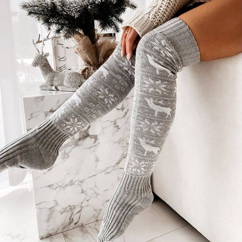 Calcetines largos de tubo hasta la rodilla con diseño navideño de reno y copos de nieve, de lana tejida, 2025d, para mujer_voghion.com