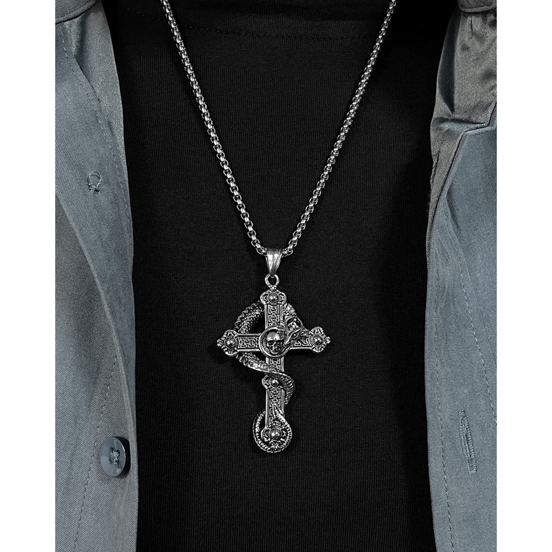 Punk Caveira Cruz Colar Dragão Titânio Pingente_voghion.com