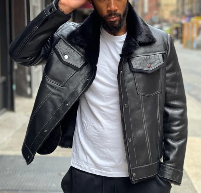 Herrenbekleidung mit Pelzkragen und mit Fleece verdickter Herren-Lederjacke_voghion.com