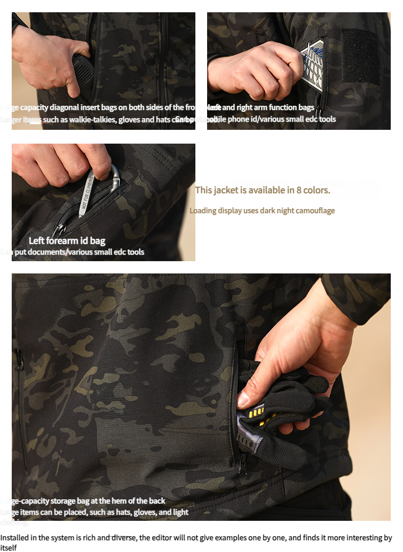 Outdoor Camouflage Kälteschutz Drei-in-Eins-Jacke Herren Warm Wasserdicht Fleecegefüttert Herbst Winter Softshell Multi-Tasche_voghion.com