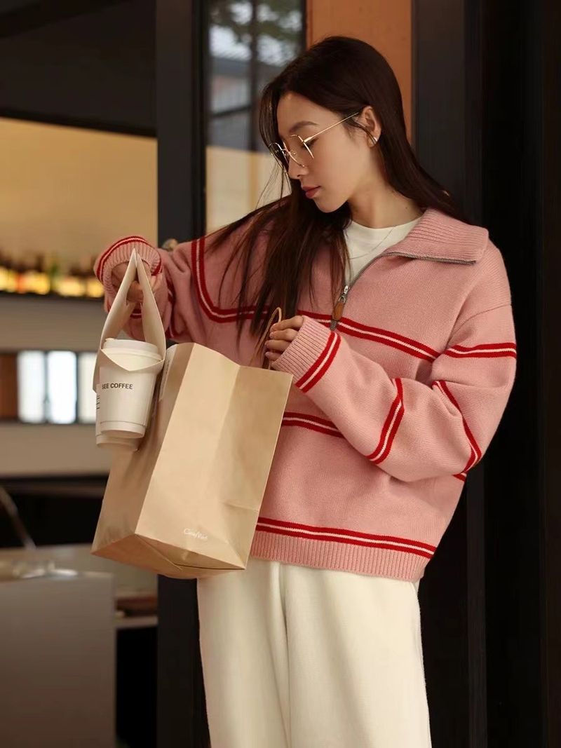 Wolle Koreanischen Stil Gestreiften Half-Zip Polo Kragen Pullover Für Frauen 2024 Neue Lose Faul Gestrickte Top_voghion.com