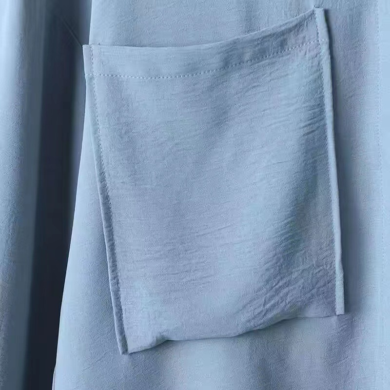 Damkläder Muslimsk långärmad patchficka Dold dörr Färgad knapp Elastisk midja byxa Skjortadräkt_voghion.com