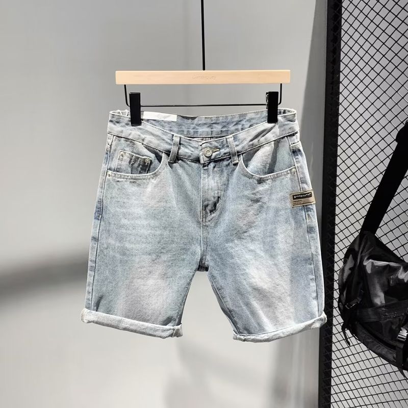Sommer Neue Hellblau Gewaschen Einfache Und Vielseitige Denim Shorts, Herren Personalisierte Leder Label Dekoration, Jugend Fünf_voghion.com