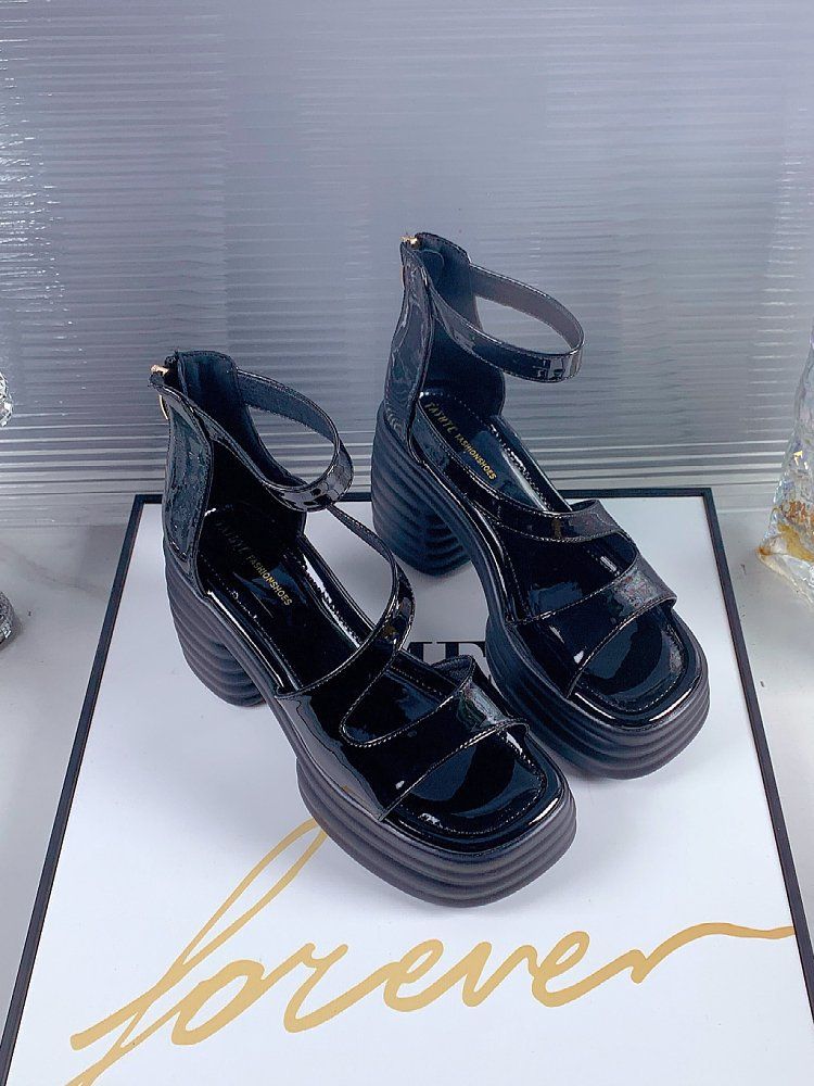 Design sense niche new rear zipper high heels threaded platform shoes heightening shoes open-toed shoes Roman sandals_voghion.com