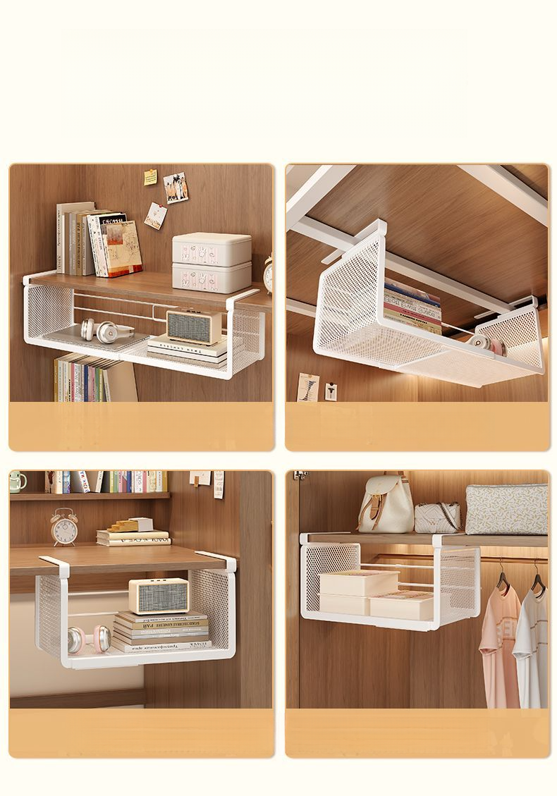 Expandable Under Cabinet Hanging Basket Dormitory Kitchen Rack Organizer Shelf Wardrobe Wall-mounted No-drill Storage_voghion.com