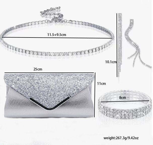 Set di gioielli da donna: elegante collana con strass, orecchini, bracciale e fermagli per abiti, per feste serali, matrimoni, balli di fine anno (bianco, giallo, oro rosa, nero)_voghion.com