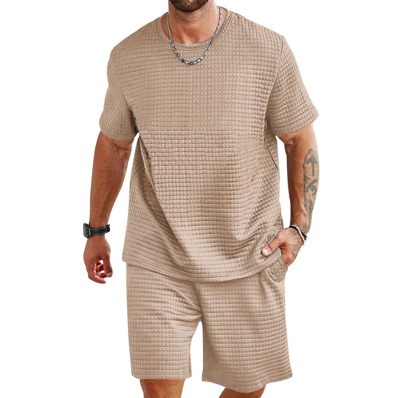 Ensemble 2 pièces pour homme, t-shirt et short à col rond, couleur unie, décontracté et sportif, à la mode, pour l'été_voghion.com