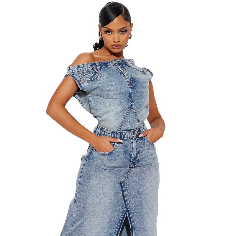 Vêtements pour femmes Denim décontracté couleur unie ensemble automne/hiver vintage fendu jupe en jean ensemble deux pièces_voghion.com