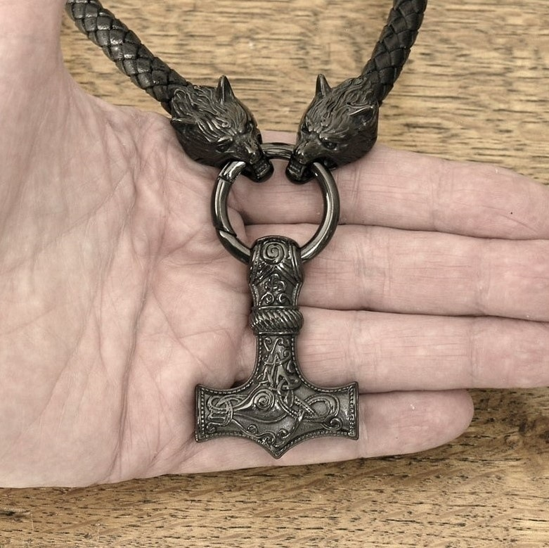 Nordic Viking Leather Necklace Weave Hammer Celtic Wolf Head Necklace Men's Long Talisman Jewelry_voghion.com