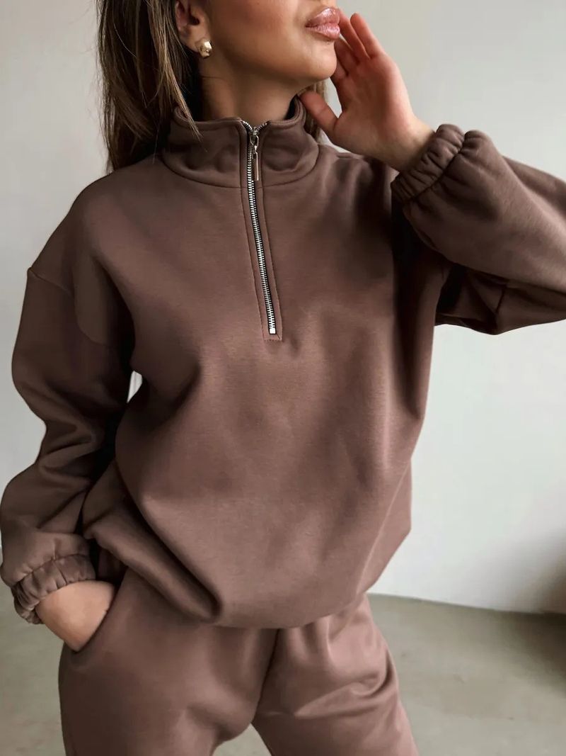 Women's Clothing Solid Color Stand Collar Half-Zip Sweatshirt & Pants Set – Women's Casual Long Sleeve Lounge Outfit (Dark Gray, Khaki)_voghion.com