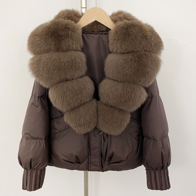Luxury Oversized Fox Fur Trim Short Down Jacket For Women - Winter Warm Coat With Detachable Hood, 90% White Duck Down, Loose Fit, Stylish_voghion.com