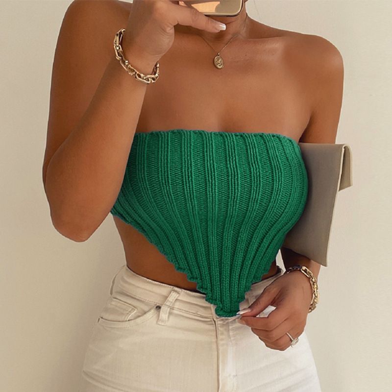 2024 strapless gebreide camisole onregelmatige mouwloze off shoulder strakke pasvorm afslankende wollen korte top trui_voghion.com