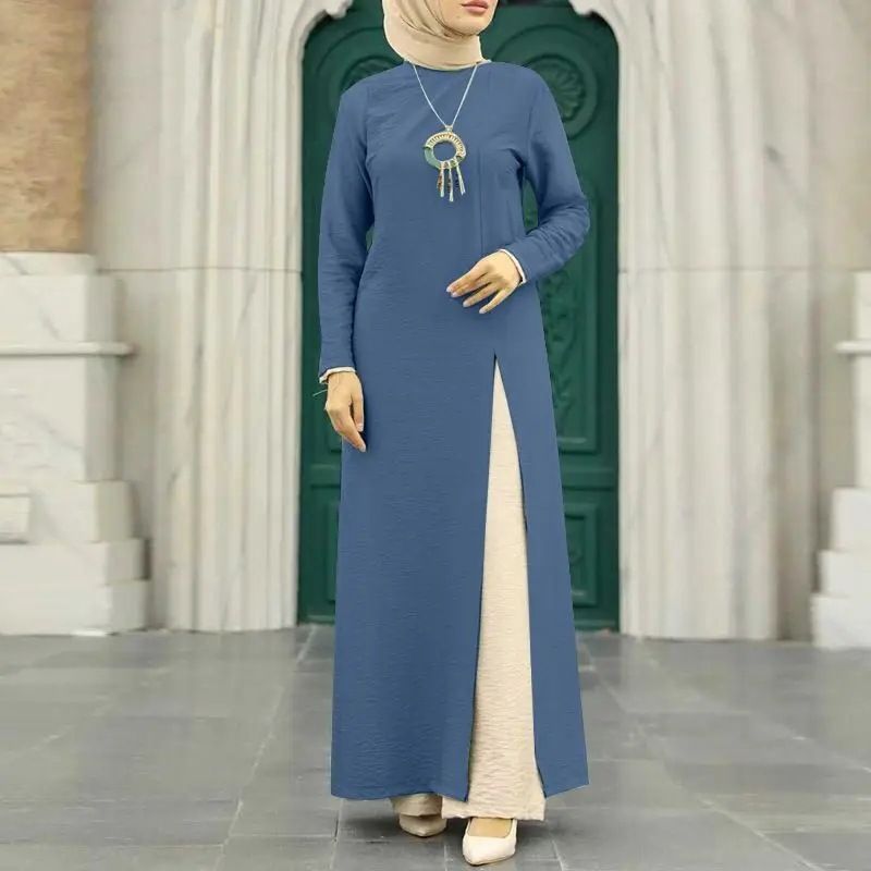 Muslim Women's Suit Ice Silk Wrinkled Long Sleeves High Slit Hem Fashionable Solid Color Elegant Temperament Robe_voghion.com