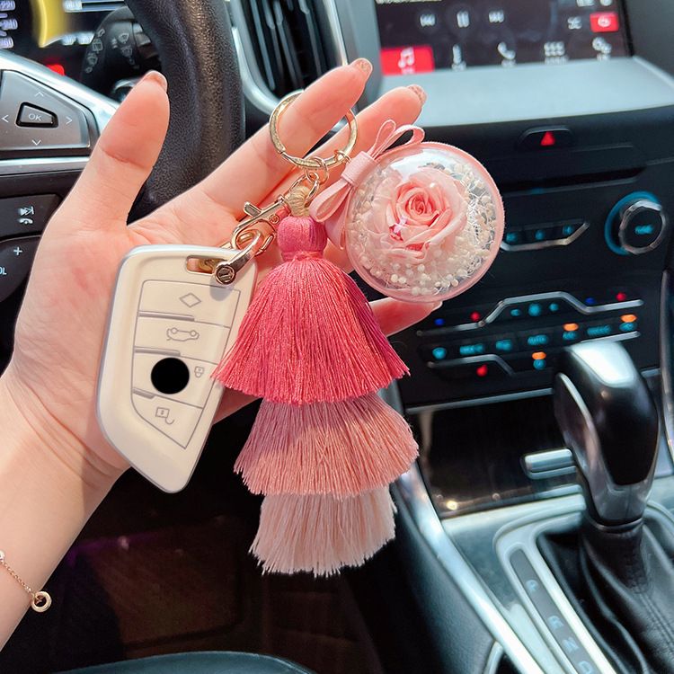 Creative Ice Silk Tassel Eternal Flower Gradient Color Internet Celebrity Car Keychain Cute Bag Pendant Gift_voghion.com