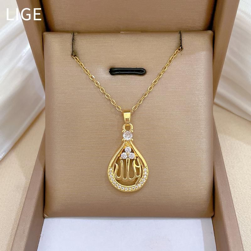 Muslim Allah Pendant Necklace Fashion Water Drop Zircon Necklace for Women Girls Stainless Steel Chain Christmas Party Accessories Jewelry Gifts_voghion.com