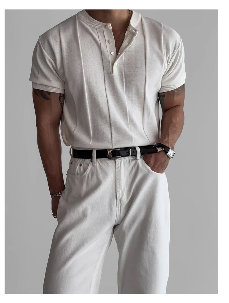 Henry Collar Slim Fit Knitted Short Sleeved T Shirt For Men 2025 Summer New Style Light Mature Style Business Commuting All Match T Shirt_voghion.com