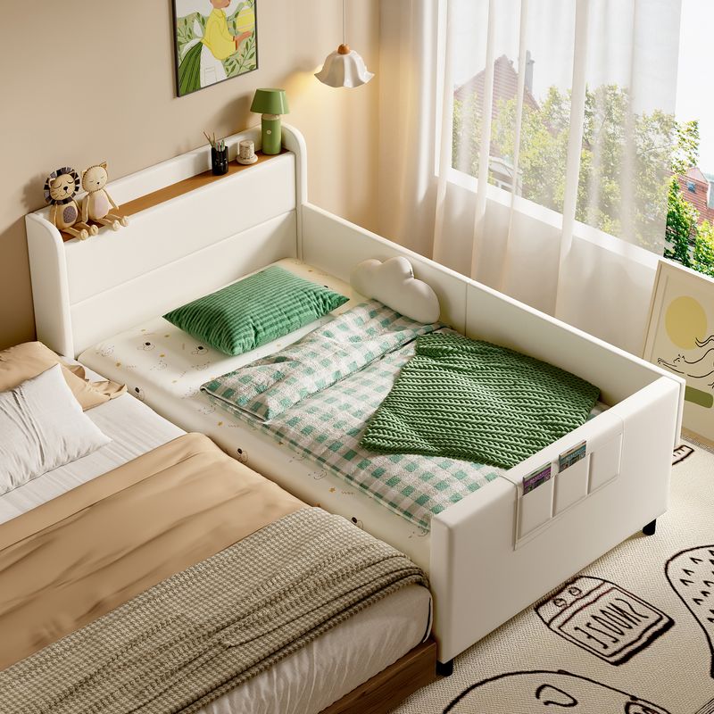 Lit de jour pour enfant avec structure en métal, canapé-lit une place, lit de rangement blanc pour enfant avec table de chevet rabattable, 3 petits compartiments de rangement, PU, MDF et contreplaqué, 90 x 200 cm_voghion.com