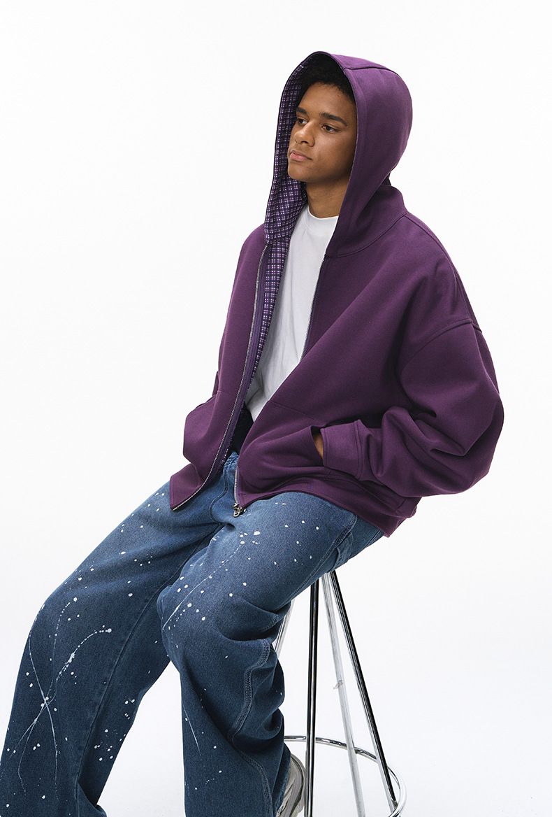 Kastig karierter Kapuzenpullover mit Reißverschluss für Herren – Lässige Streetwear-Jacke für den Herbst, Unisex-Übergröße mit überschnittenen Schultern_voghion.com