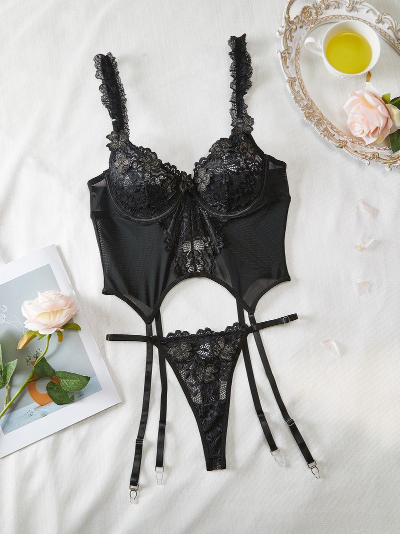 Conjunto de lencería sexy de encaje transparente, uniforme apasionado y seductor, sujetador, tanga, conjunto de dos piezas_voghion.com