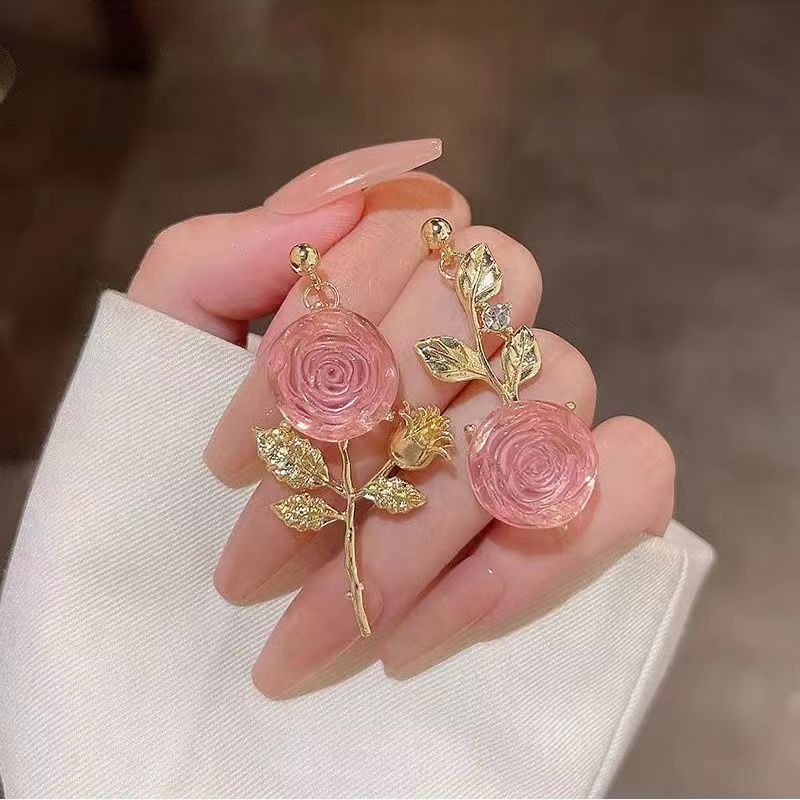 Orecchini da donna Nuovi orecchini asimmetrici di cristallo trasparente con rosa francese super fata Orecchini lunghi di nicchia retrò per donna_voghion.com