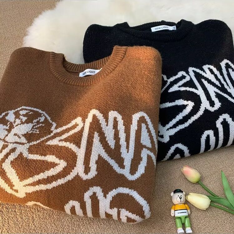 New minimalist letter knitted sweater for men's 2024 autumn men's and women's couple's casual sweater_voghion.com