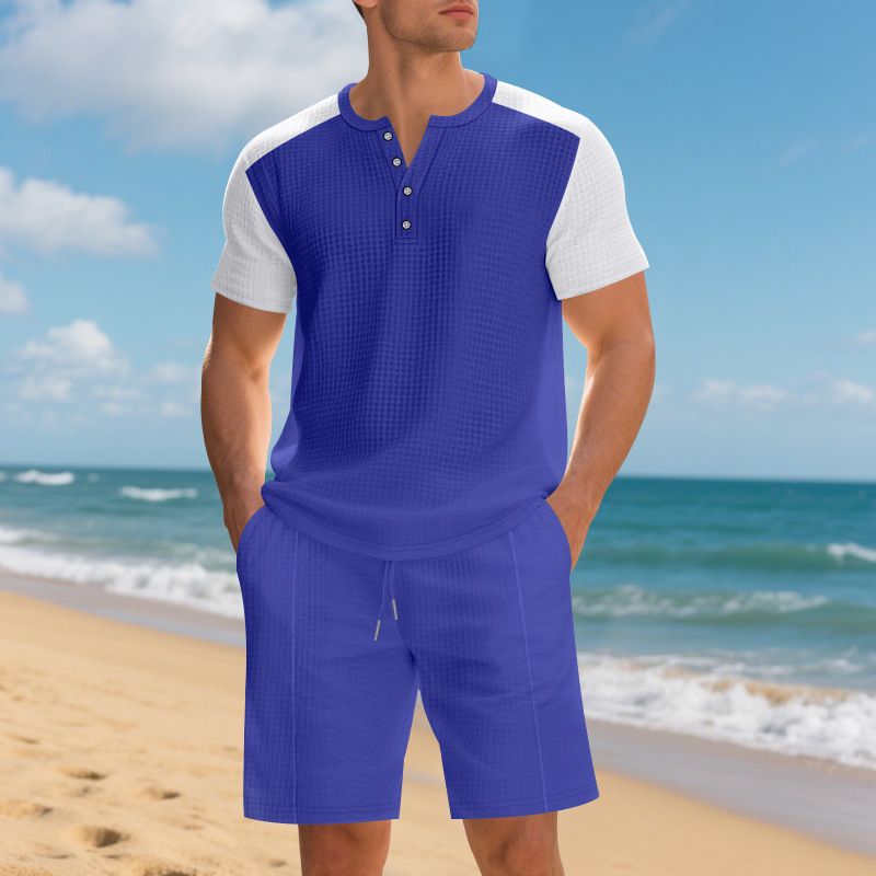 Summer Plus Size American Style Loose Waffle Beach Henley Shirt Short Sleeve Shorts Casual Set For Men_voghion.com