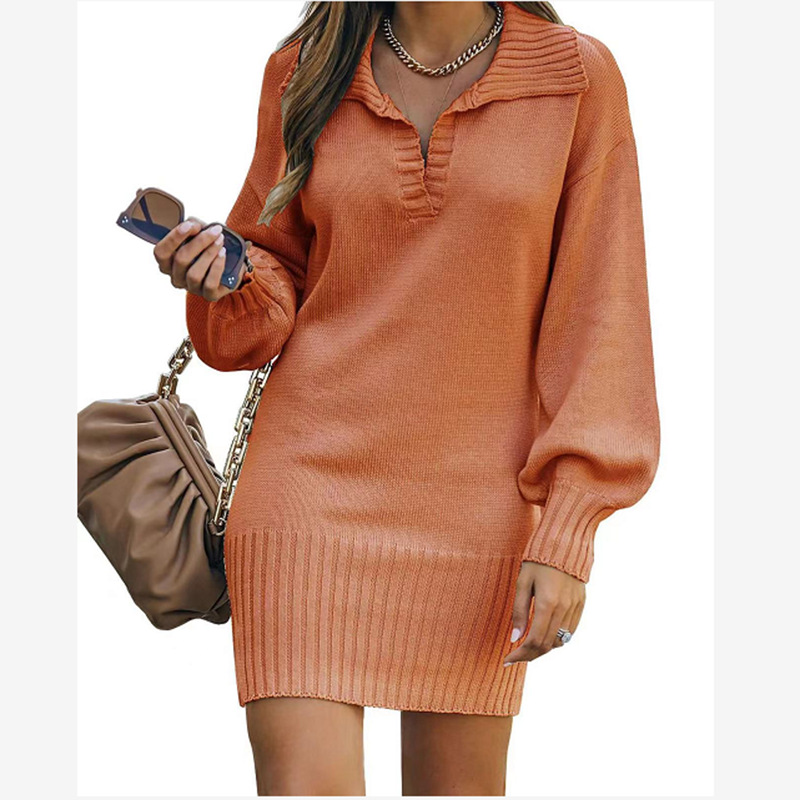 Robe pull à col à revers pour femmes, manches lanternes, tricotée, couleur unie, longue robe_voghion.com