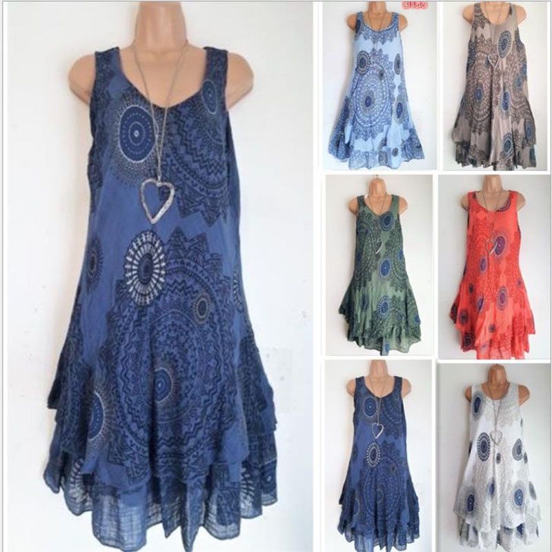 Plus Size Women Ladies Boho Sleeveless Mini Dress Summer Beach Baggy Dress Tunic_voghion.com