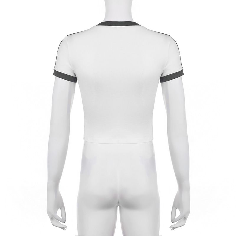 T-shirt da donna in stile retrò americano, vestibilità slim, girocollo, manica lunga, stampa a righe – Tessuto in maglia confortevole con design a blocchi di colore_voghion.com