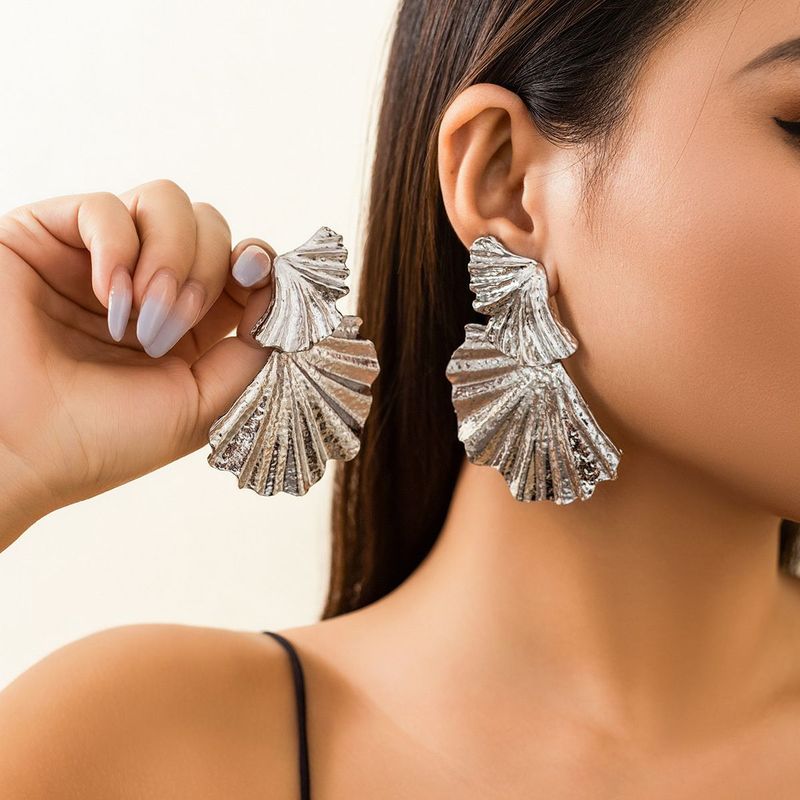 Metal Double Fan-Shaped Stud Earrings, Runway Model Style,Temperament Trendy Item_voghion.com