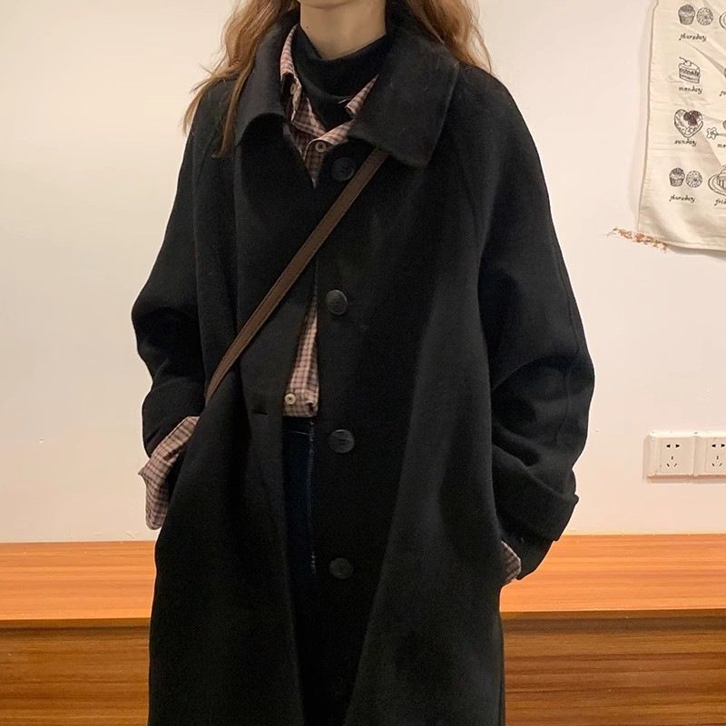 Black Women, Mid-Length, 2024 New Autumn Winter Korean Hepburn Style Wool Coat For Petite Women_voghion.com