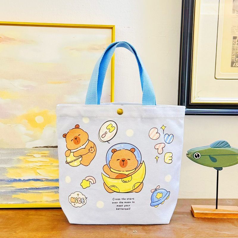 Canvas Bucket Bag For Women, Birthday Lunch Small Handheld Cute Portable Tote Bag, Capybara_voghion.com