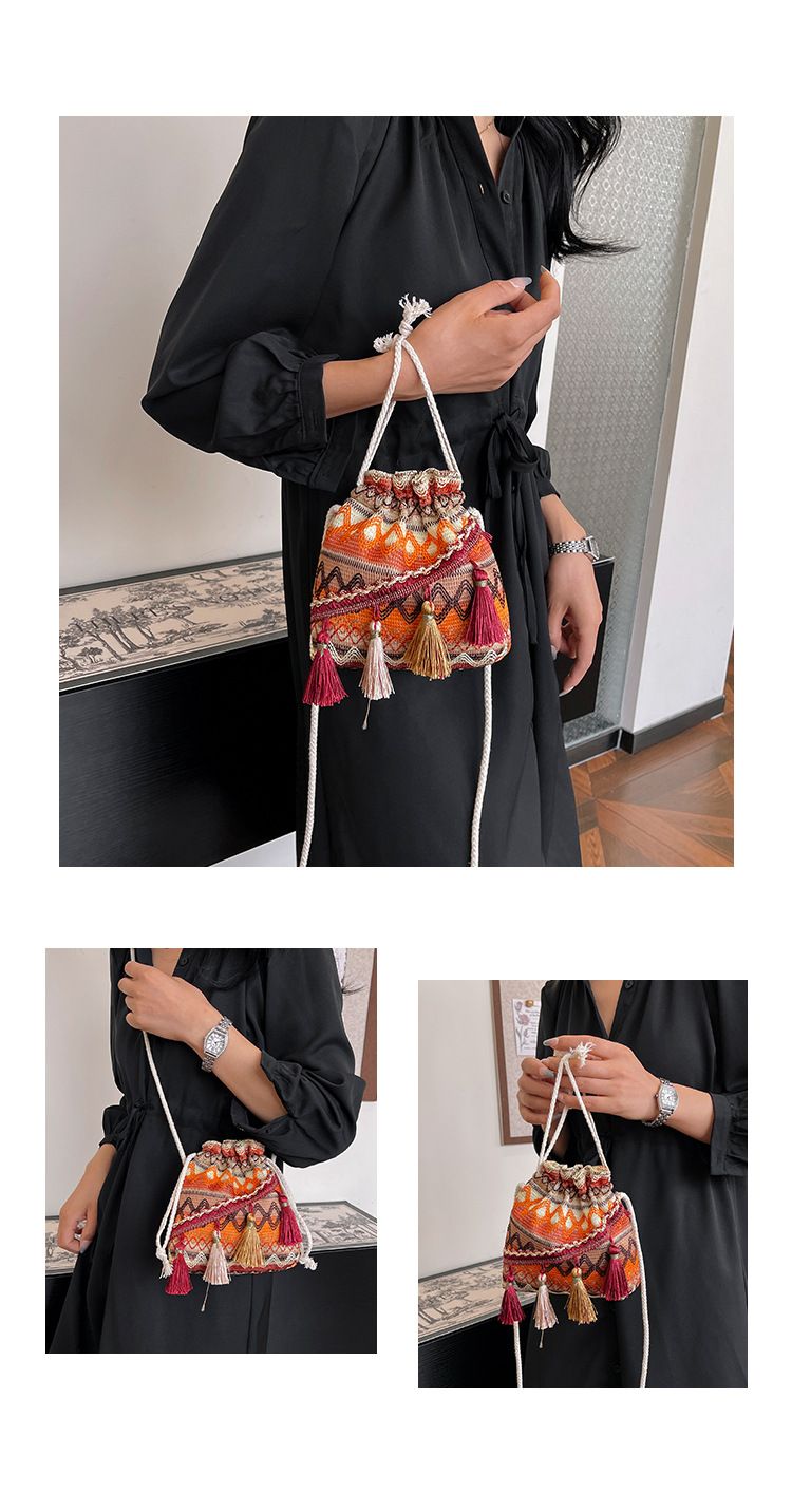 Borsa a secchiello da donna, stile etnico, borsa a tracolla con coulisse e nappa, borsa a secchiello da donna_voghion.com